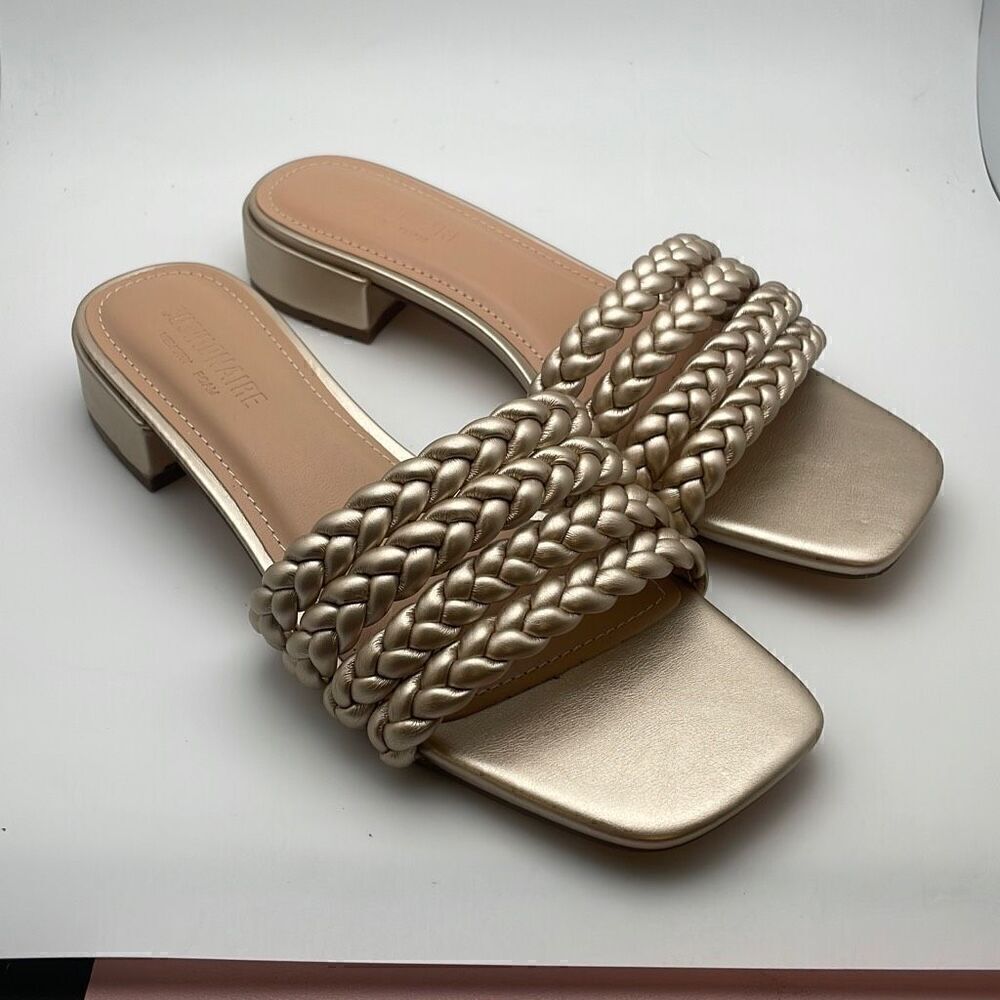 CUSHIONAIRE Women's braided low block heel sandal SIZE 7 CHAMPAGNE
